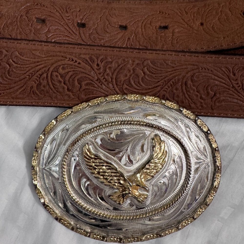Vintage Justin Leather Belt with R-Strike Eagle Buckle (4”) Western Cowboy